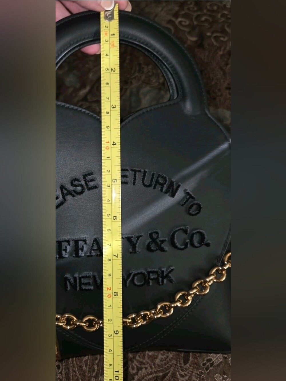 Tiffany & Co. Authentic Black Leather Heart Tote with Gold Chain Raised Letters - Picture 9 of 11